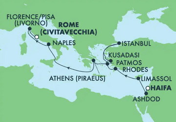 מפת שייט מחיפה לרומא